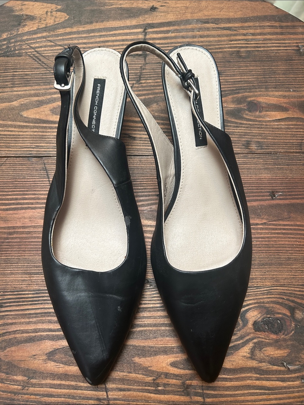 French Connection Black Pointed Slingback Flats with Adjustable Strap